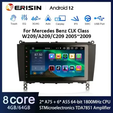 Rádio Android 12 8" Octa-Core MT8667 Mercedes-Benz CLK W209 4GB 64GB 253mm CPW DSP