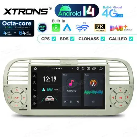 Rádio Xtrons Android 14 7" Octa-Core Fiat 500 (2007-2015) 4GB 64GB (creme)