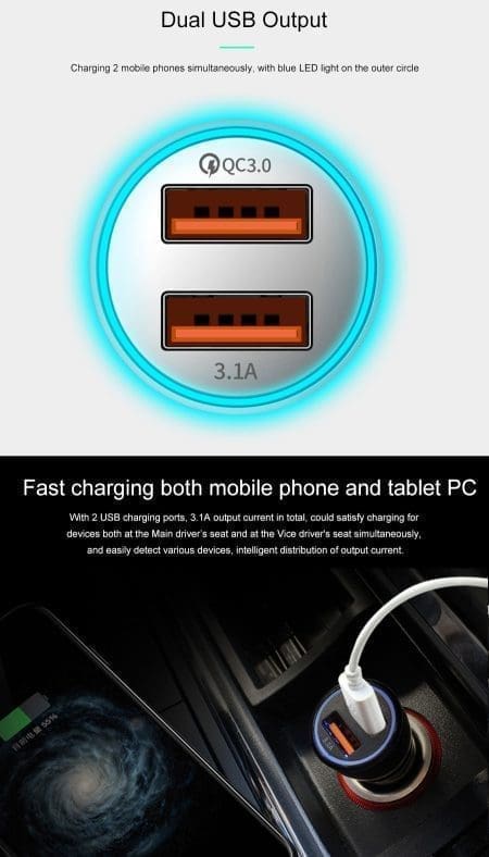 Carregador Isqueiro Quick Charge 1x USB 3.1A + 1x USB QC 3.0 Iluminado - Image 4