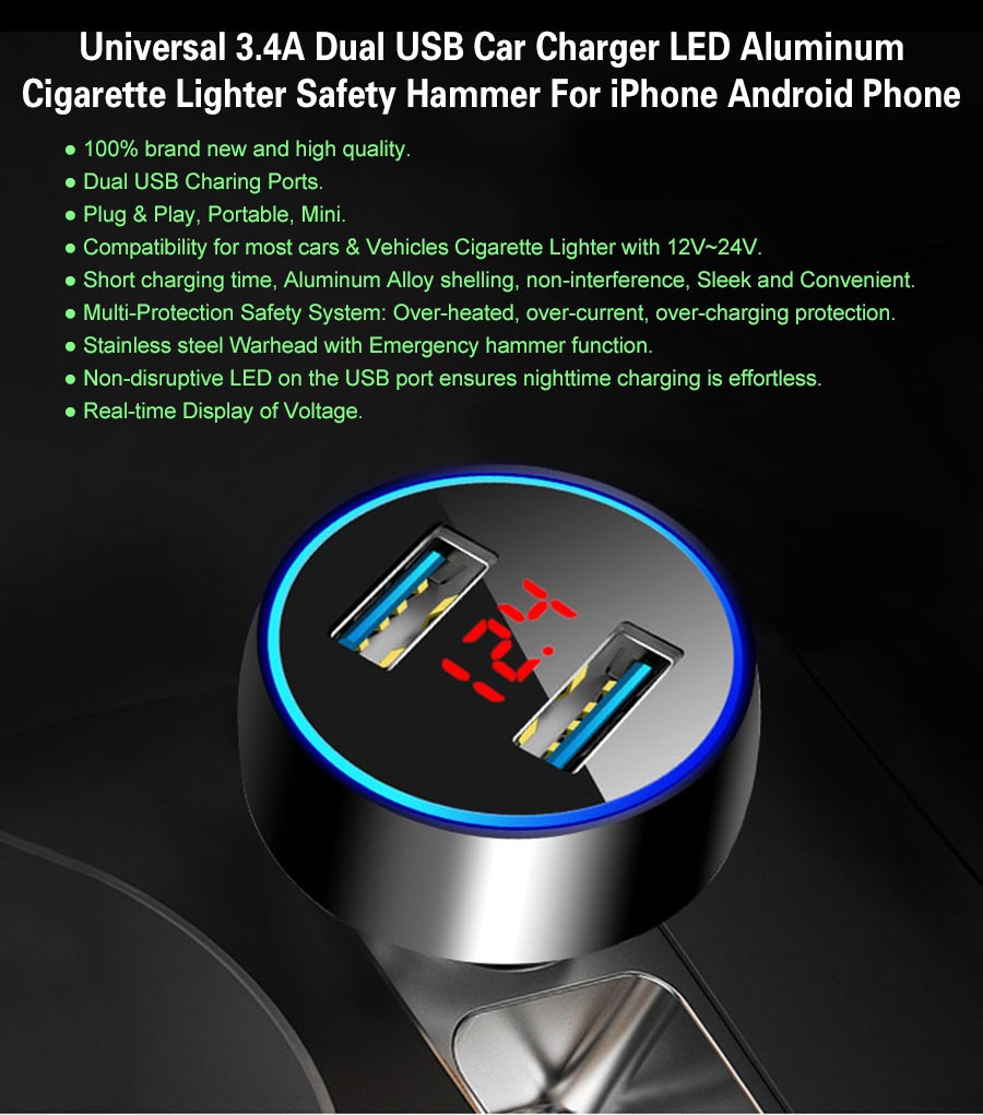 Carregador Isqueiro Martelo 2x USB 3.4A Iluminado