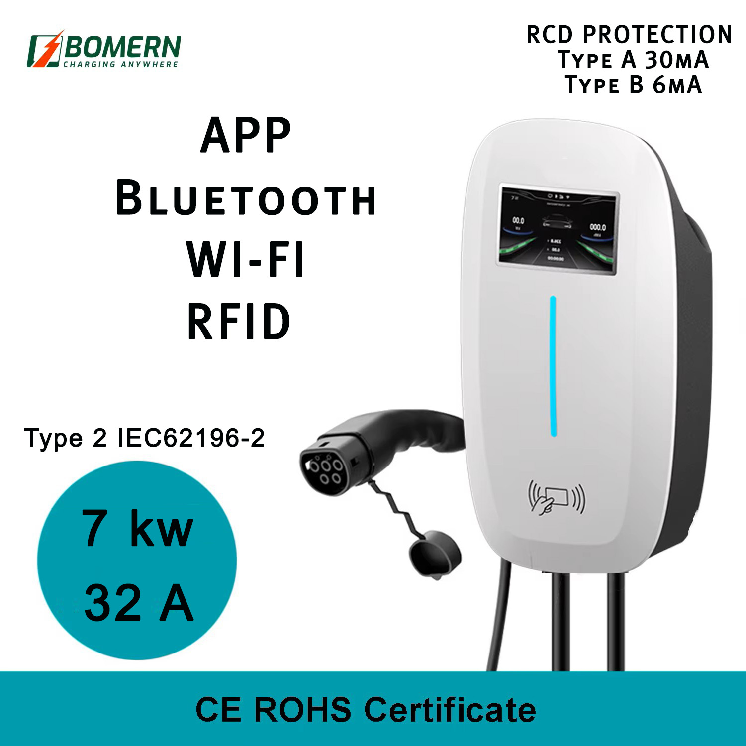 WallBox EV Bomern BMMRT2 7KW APP BT WIFI RFID RCD Type B - Image 2