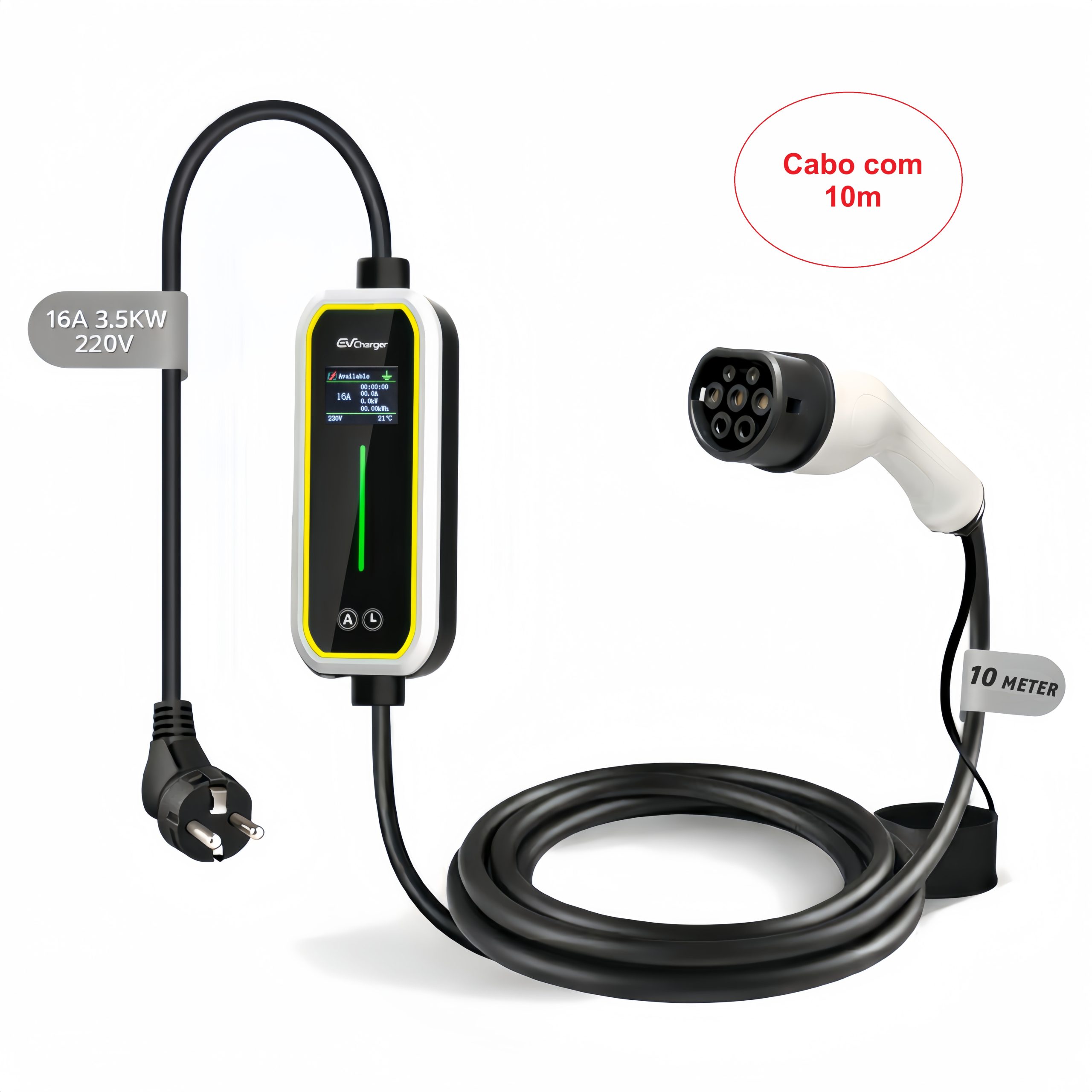 Carregador Portatil EV Bomern 16A 3.5KW Ecrã 1.8" 10m Cabo