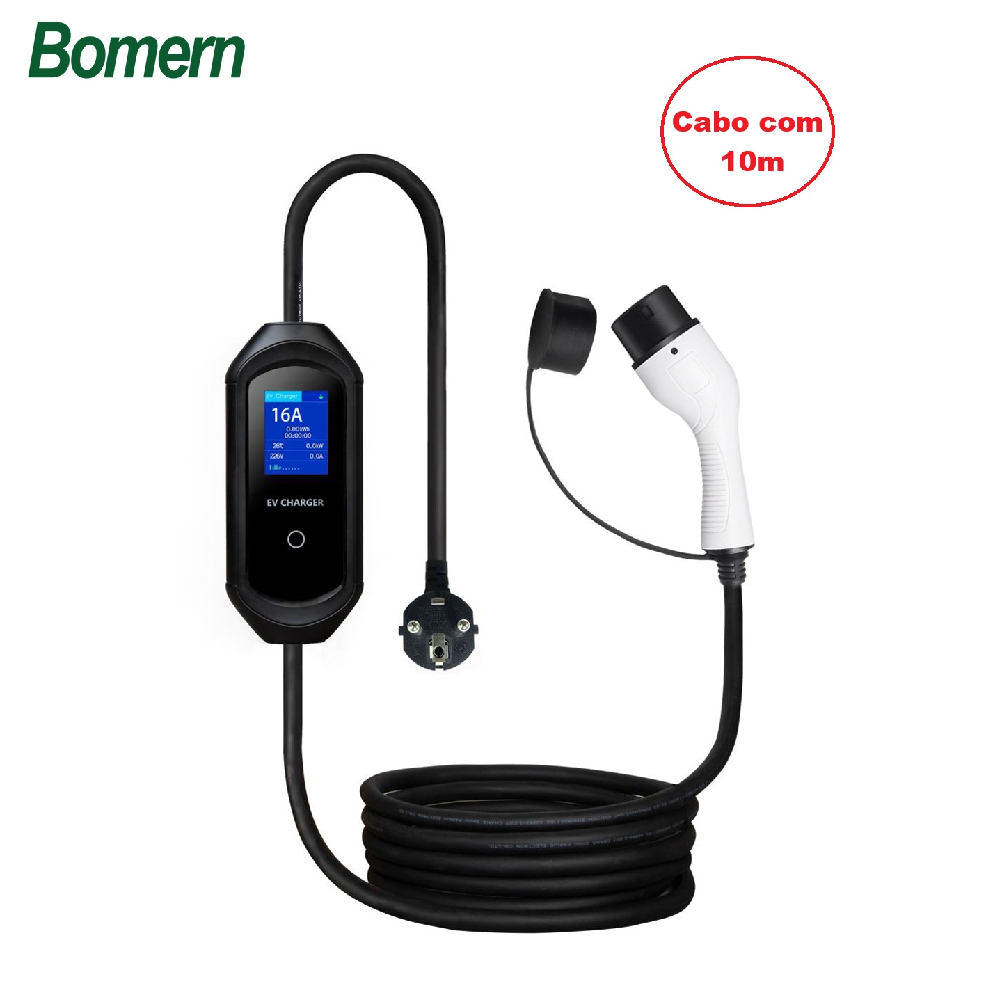 Carregador Portatil EV Bomern 16A 3.5KW Ecrã 2.8" APP BT WIFI 10m Cabo