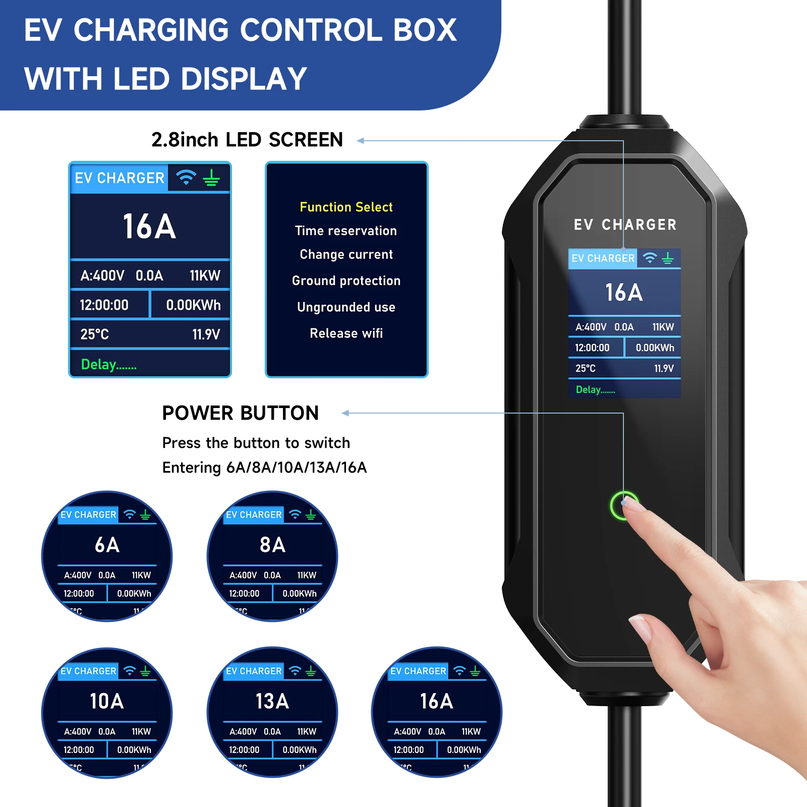 Carregador Portatil EV Bomern 16A 3.5KW Ecrã 2.8" APP BT WIFI 10m Cabo - Image 8