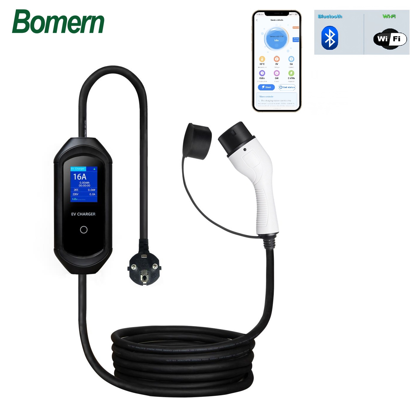 Carregador Portatil EV Bomern 16A 3.5KW Ecrã 2.8" com APP BT WIFI