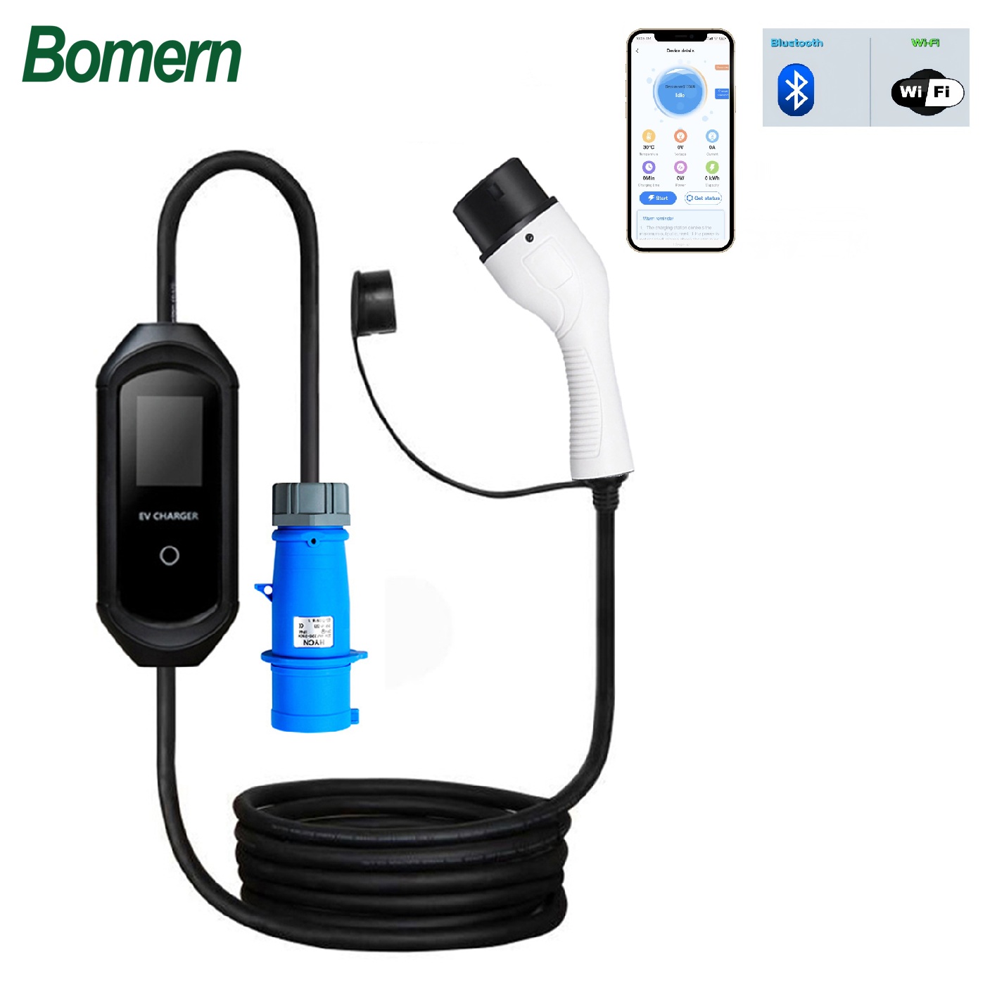 Carregador Portatil EV Bomern 32A 7KW Ecrã 2.8" com APP BT WIFI