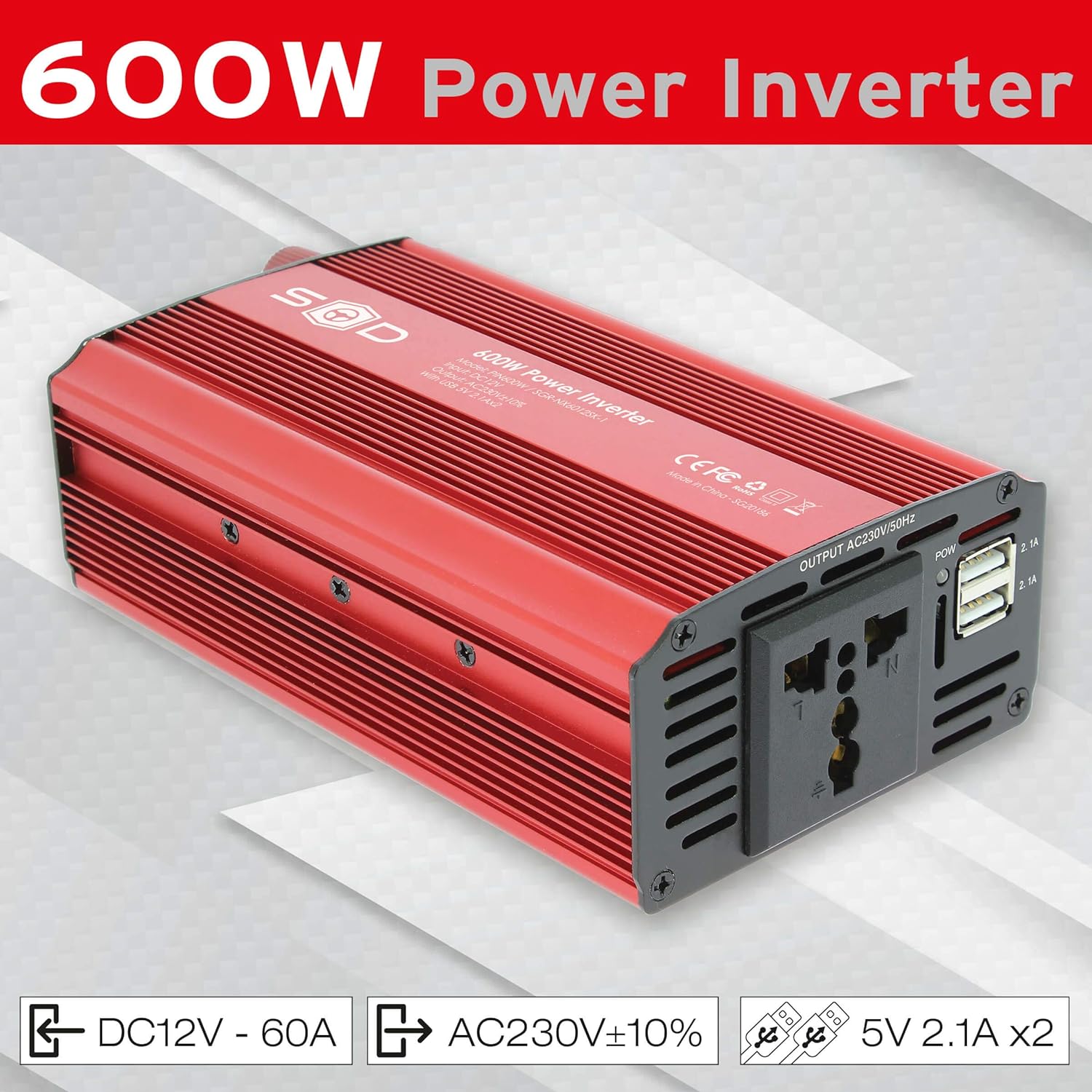 Conversor Corrente 12v-230v Swiss Drive 600W com Garras e USB - Image 3