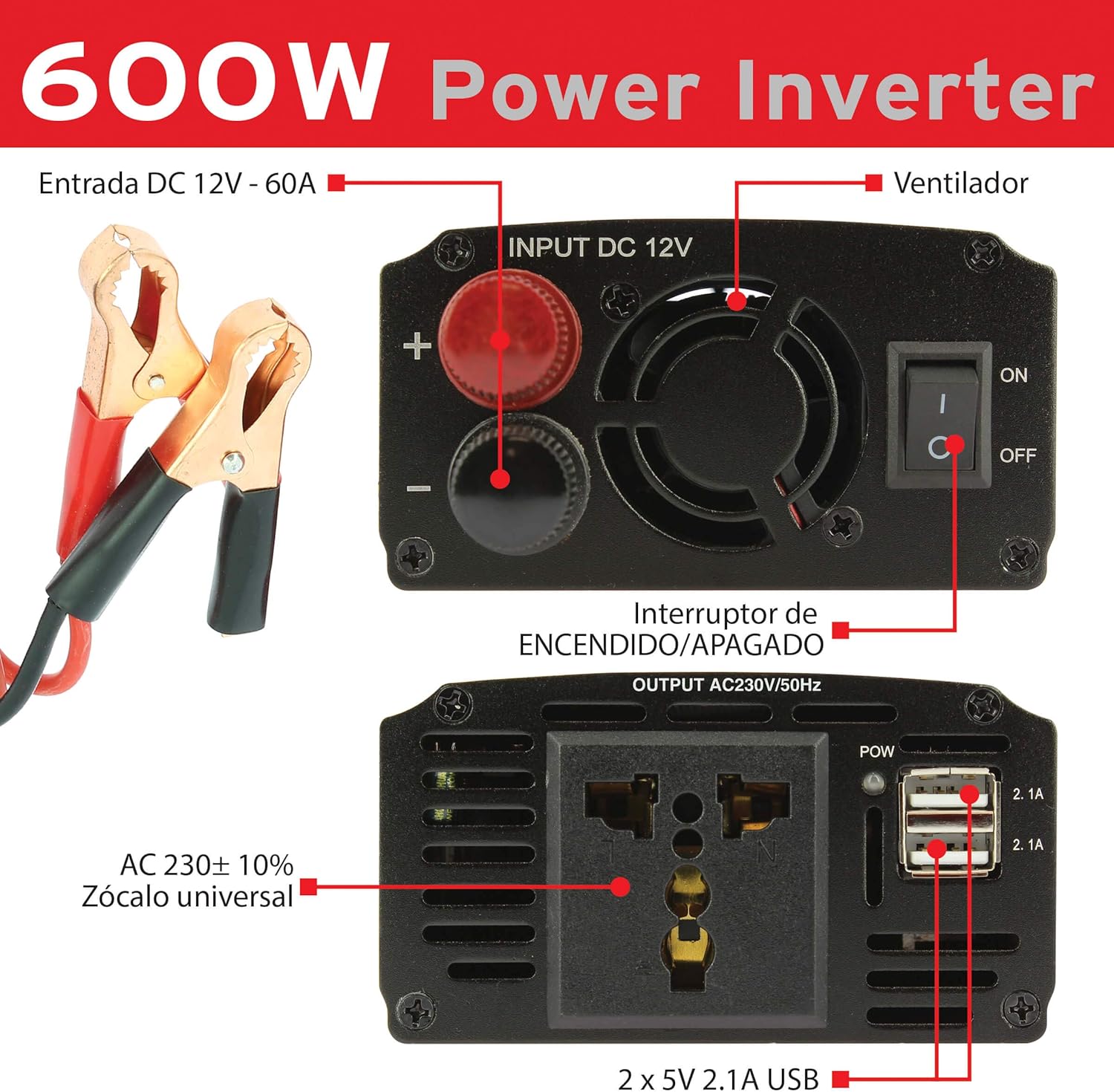 Conversor Corrente 12v-230v Swiss Drive 600W com Garras e USB - Image 5