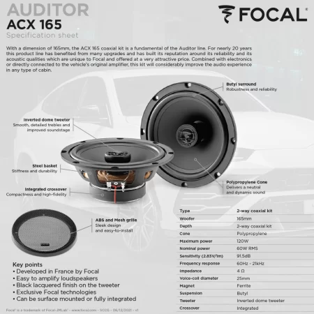 Colunas 16cm 2 Vias Coaxiais Focal Auditor ACX 165 - Image 6