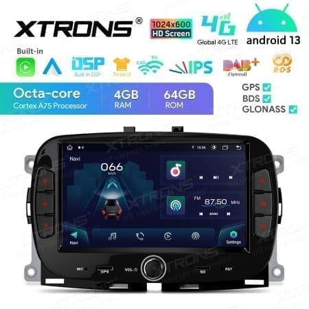 Rádio Xtrons Android 13 7" Octa Core 4GB 64GB Fiat 500 2016-2020