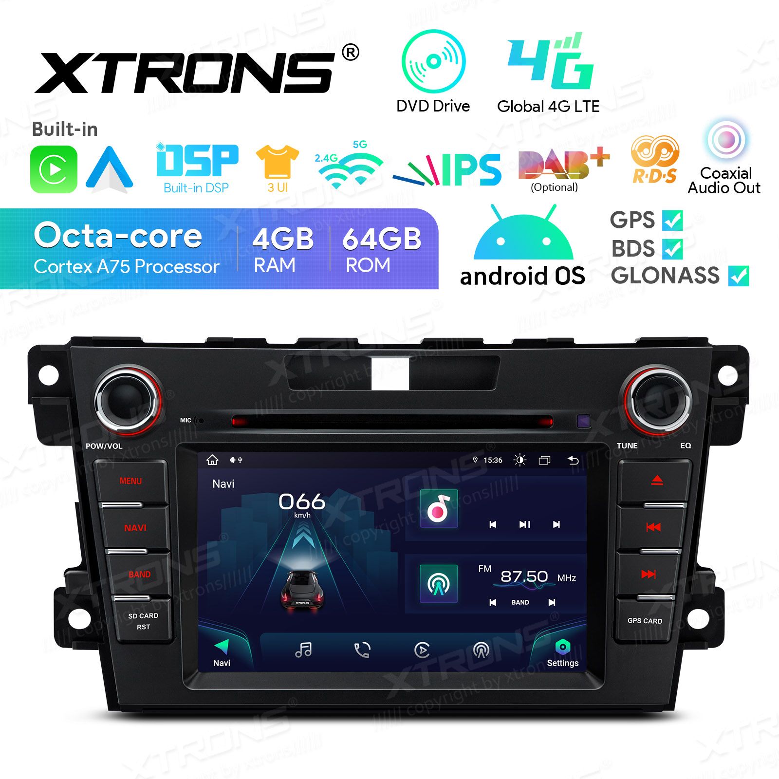 Rádio Xtrons Android 13 7" Octa-Core 4GB 64GB Mazda 2007-2012