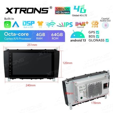 Rádio Xtrons Android 13 Octa-core 4GB 64GB Mercedes CLK W209 05+W203 04+ 8" 4G - Image 12