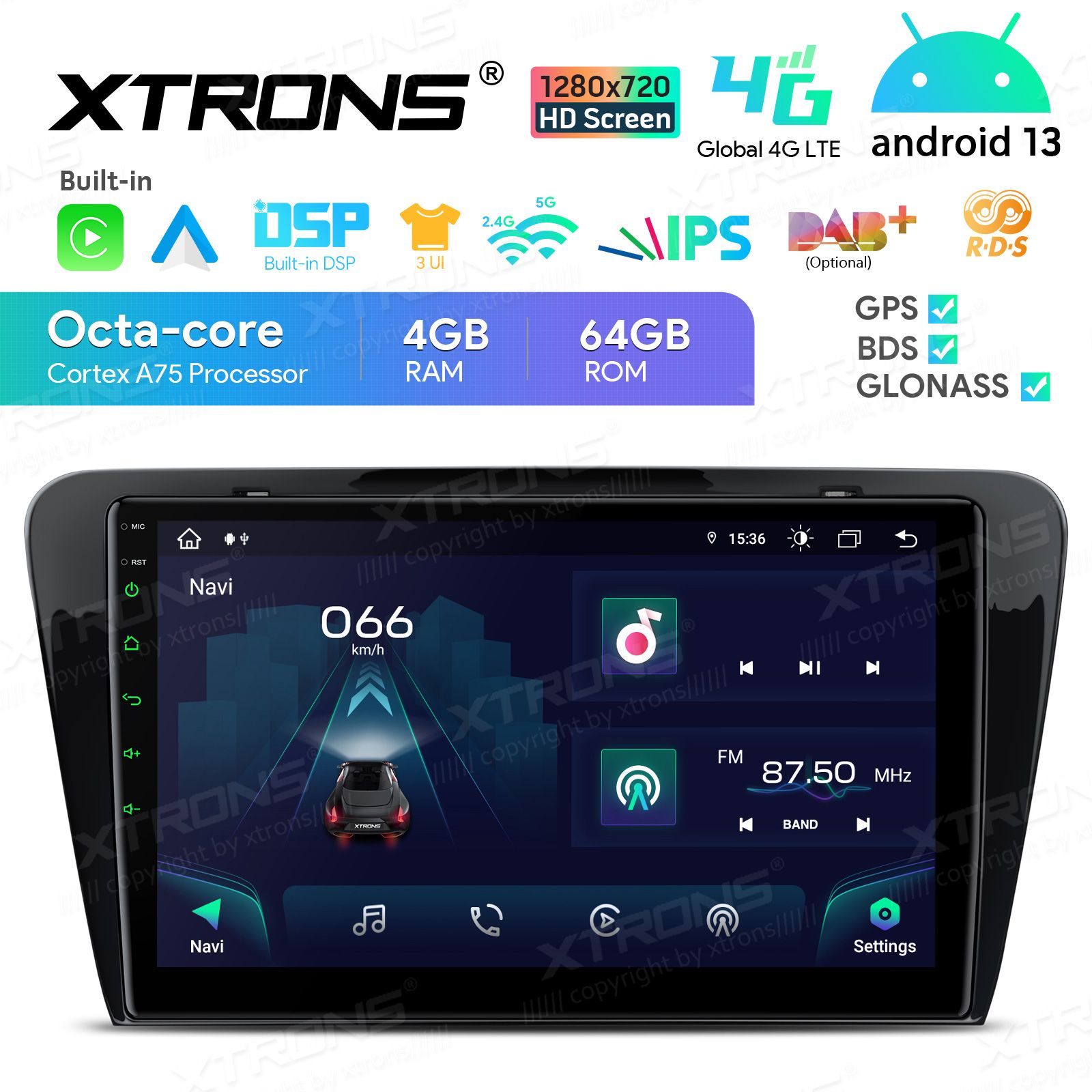 Rádio Xtrons Android 13 10.1" Octa-core Skoda Octavia 4GB 64GB 2014-2016