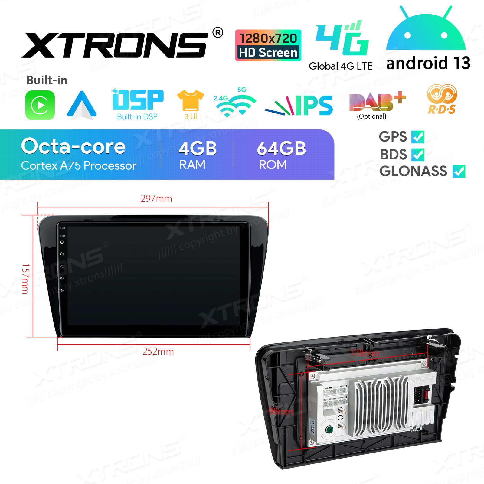Rádio Xtrons Android 13 10.1" Octa-core Skoda Octavia 4GB 64GB 2014-2016 - Image 2