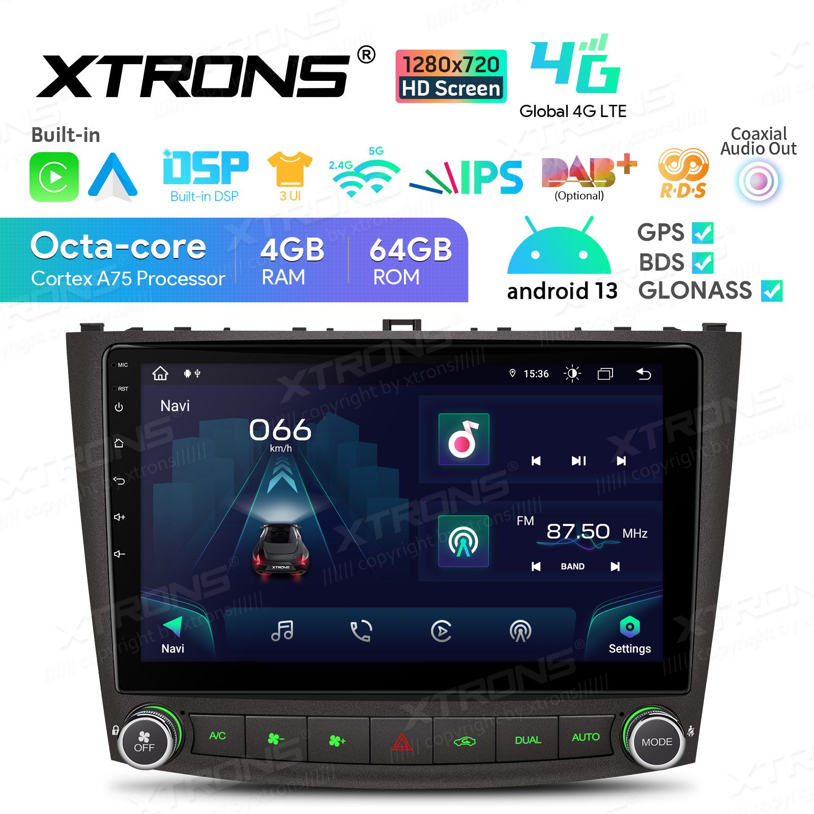 Rádio Xtrons Android 13 10.1" Octa-Core 4GB 64GB Lexus IS200/IS220/IS250/IS300/IS350 Saloon 2006-2012