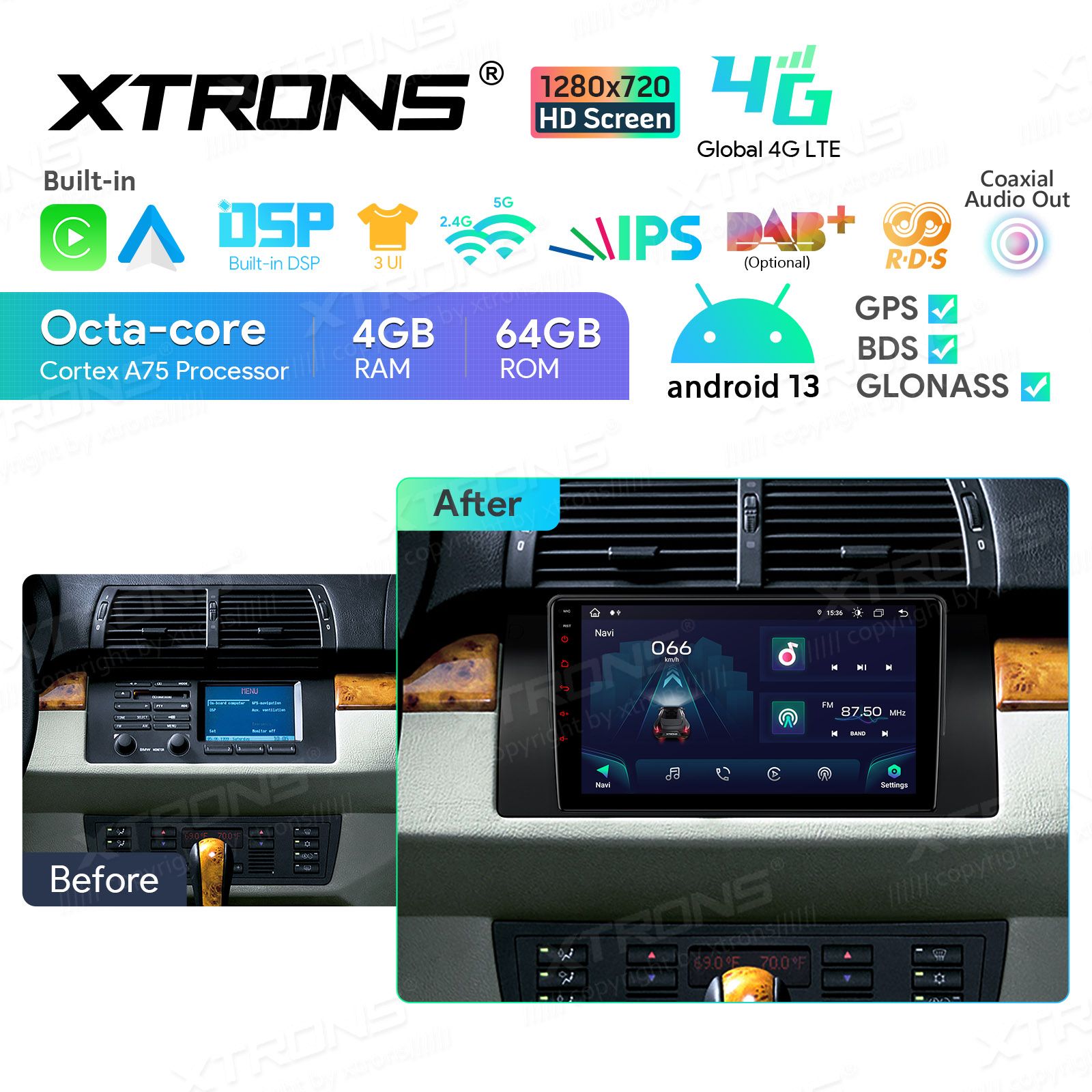 Rádio Xtrons Android 13 9" Octa-core 4GB 64GB BMW X5 E53 1999-2006 - Image 13
