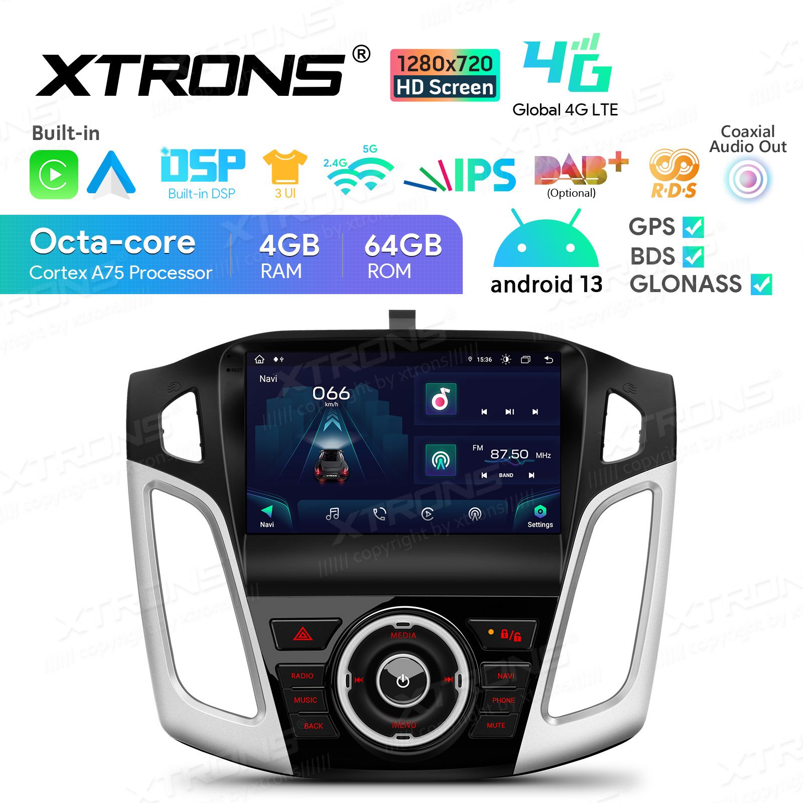 Rádio Xtrons Android 13 9" Octa-core 4GB 64GB Ford Focus 2012-2017