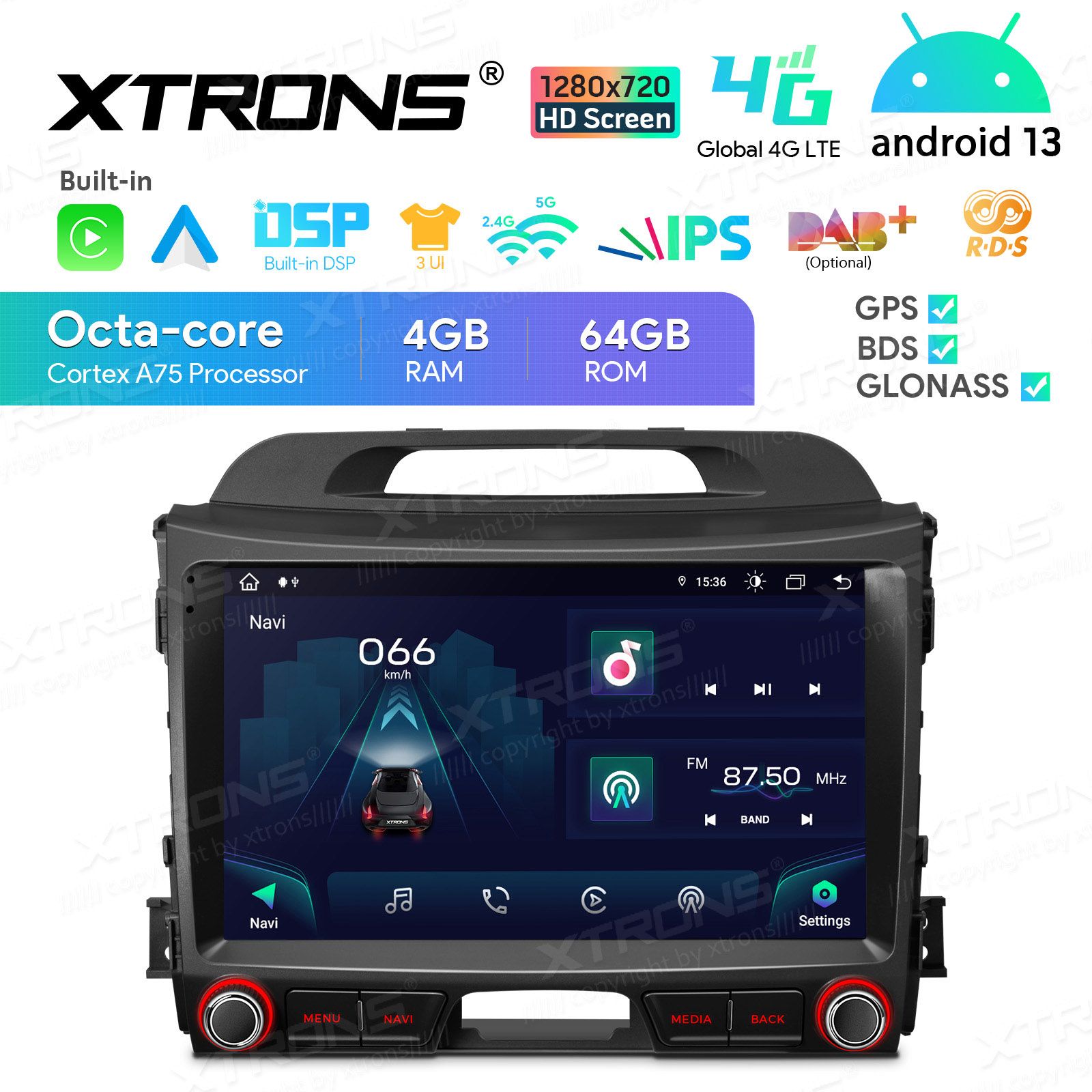 Rádio Xtrons Android 13 9"Octa-core 4GB 64GB Kia Sportage Series 3 2010-2015