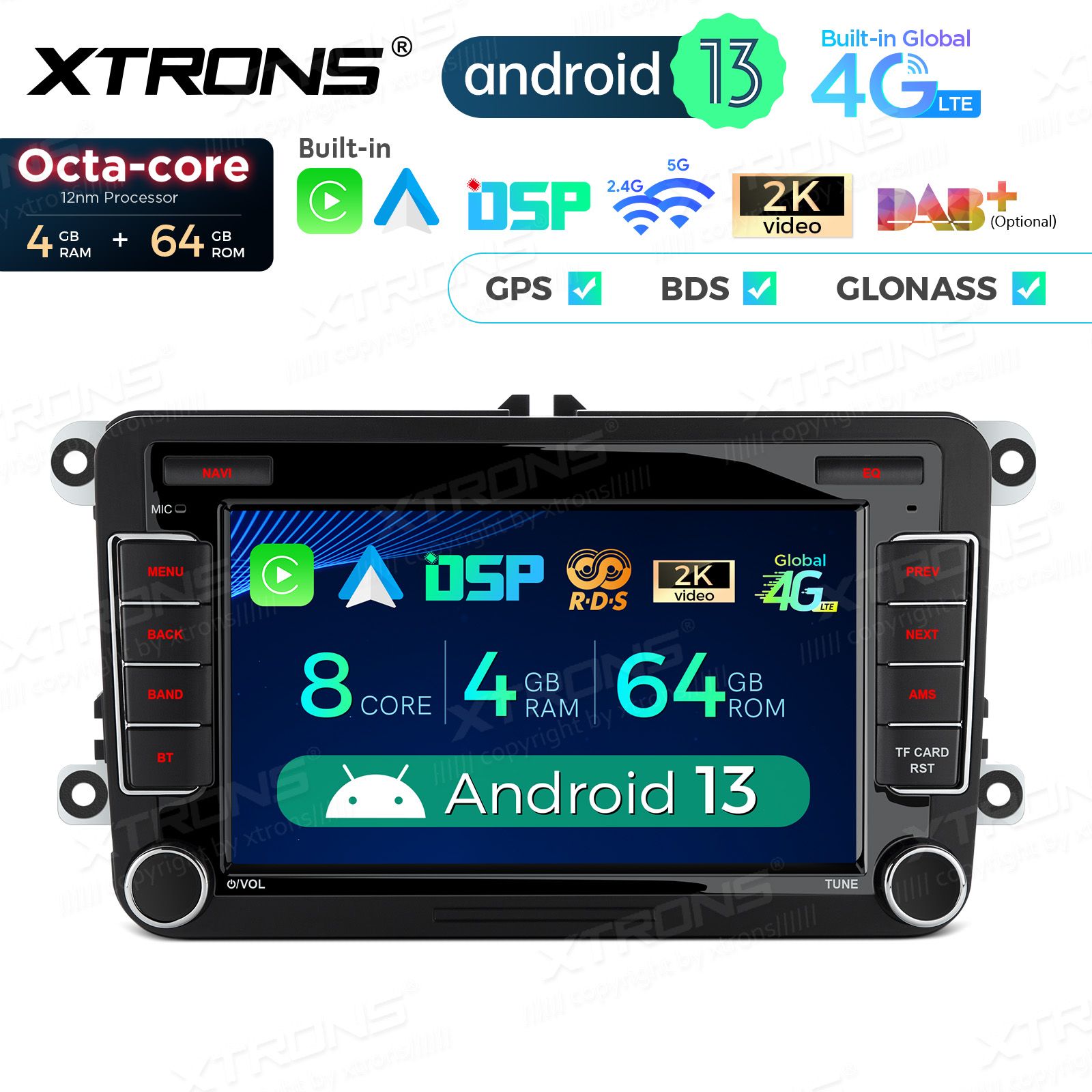 Rádio Xtrons Android 13 7" Octa-Core VW Skoda e Seat 4GB 64GB - Image 2