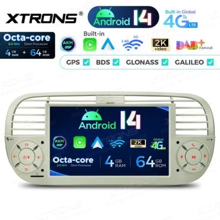Rádio Xtrons Android 14 7" Octa-Core Fiat 500 (2007-2015) 4GB 64GB (creme) - Image 4