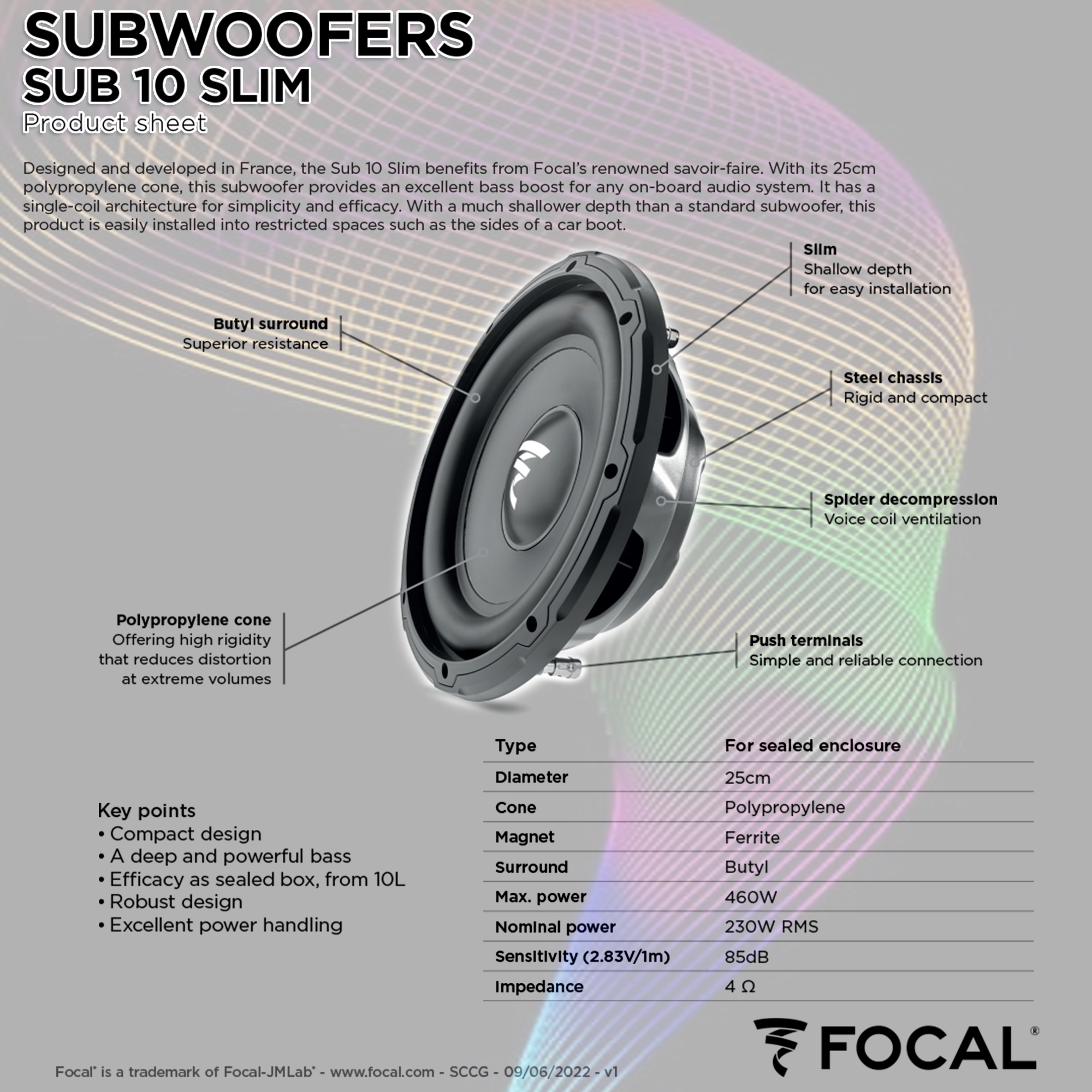 Subwoofer Focal Auditor Bobine Simples 4Ohm 10" 25cm Slim SUB 10SLIM - Image 3