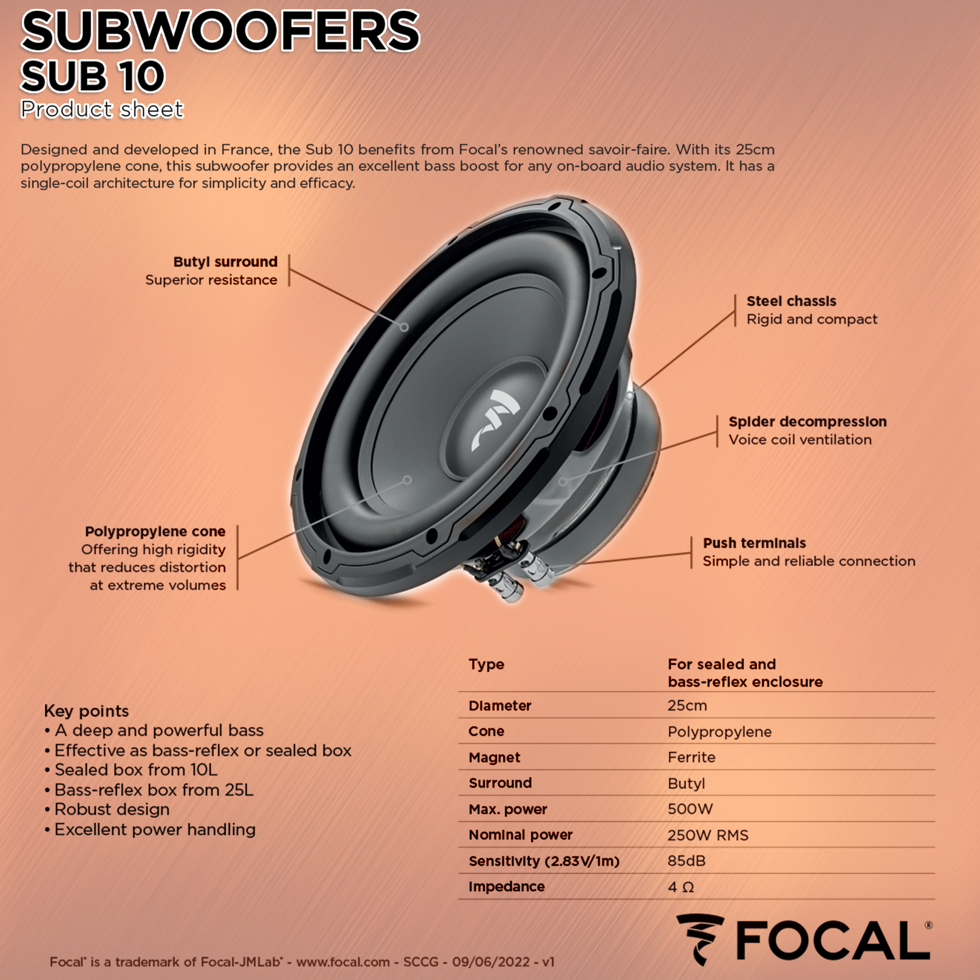 Subwoofer Focal Auditor Bobine Simples 4Ohm 10" 25cm SUB 10 - Image 3