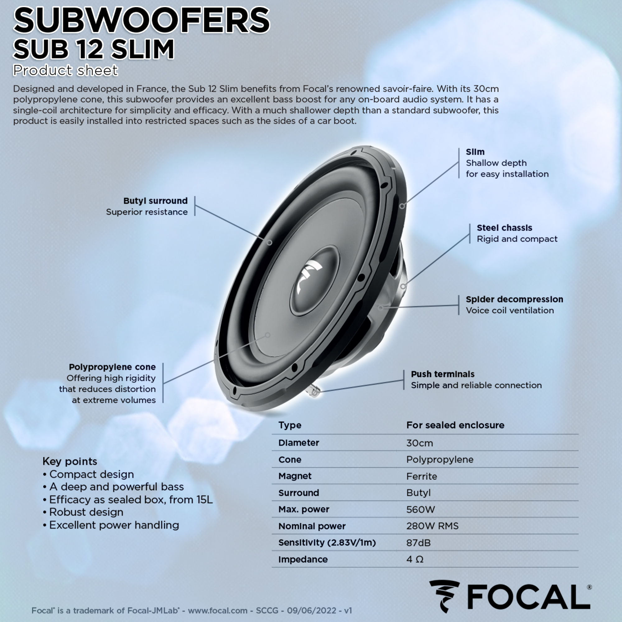 Subwoofer Focal Auditor Bobine Simples 4Ohm 12" 30cm Slim SUB 12SLIM - Image 3